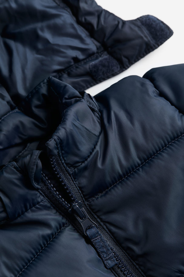 H&M Hooded Puffer Jacket Navy Blue/block-coloured
