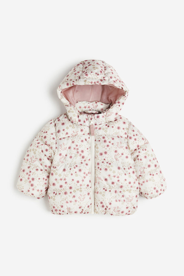 H&M Hooded Puffer Jacket White/floral