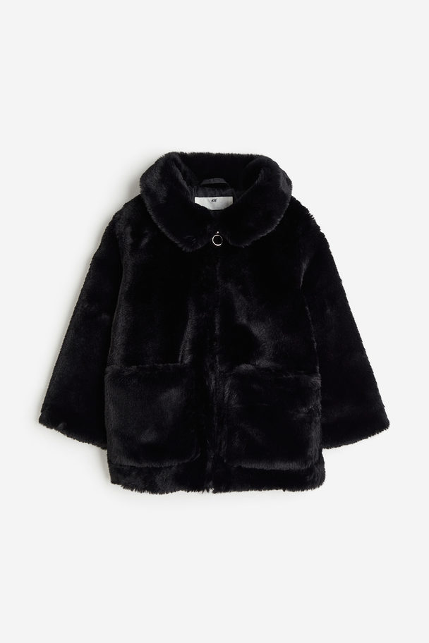 H&M Collared Fluffy Jacket Black