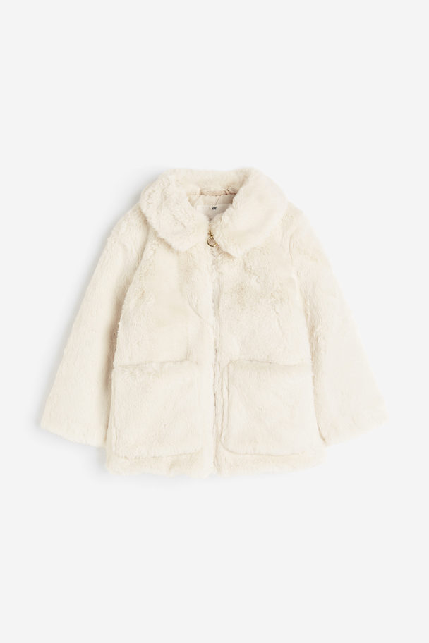 H&M Flauschige Jacke mit Kragen Weiß