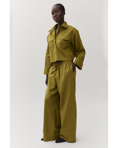 Wide Linen-blend Trousers Olive Green