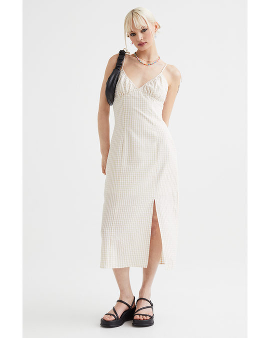 H&M Slit-detail Dress Light Beige/checked