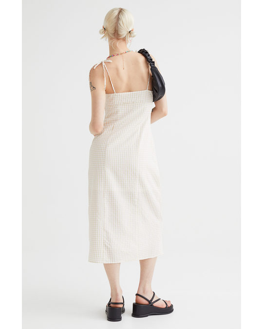 H&M Slit-detail Dress Light Beige/checked