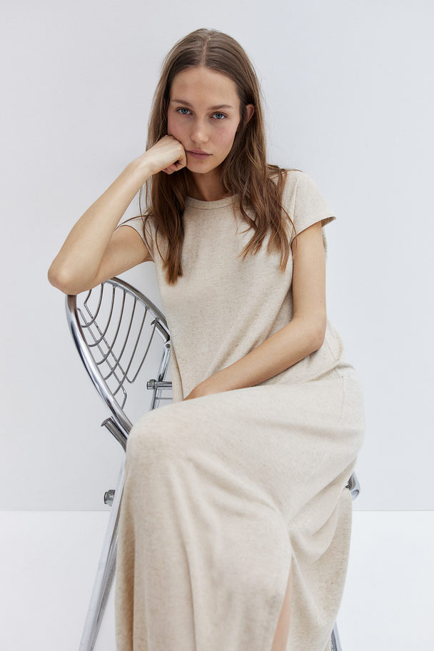 H&M Linen-blend Midi Dress Light Beige Marl
