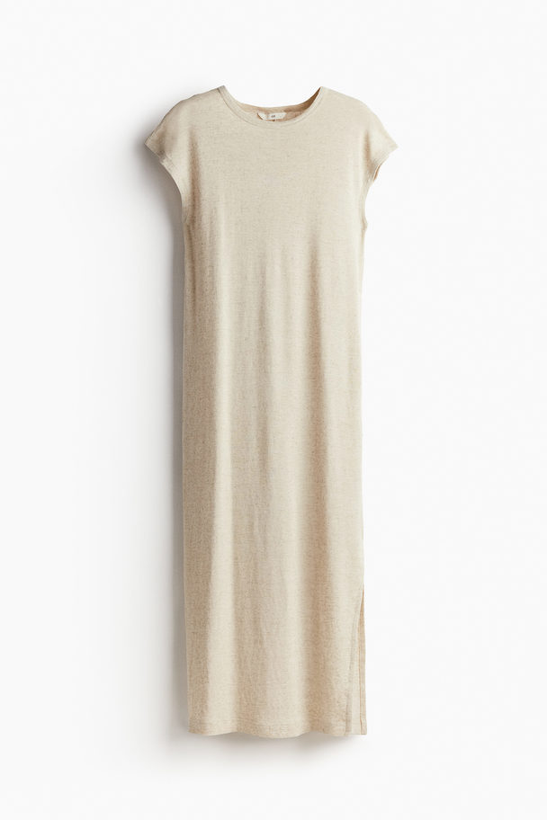 H&M Linen-blend Midi Dress Light Beige Marl