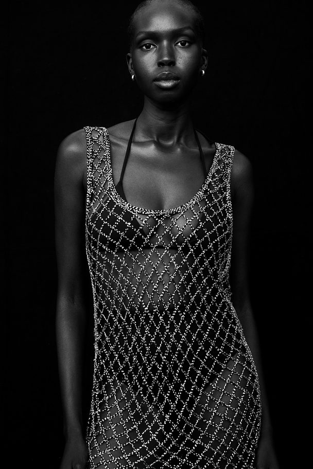 H&M Beaded Fishnet Beach Dress Black/silver-coloured