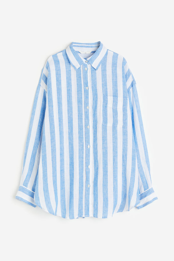 H&M Oversized Skjorte I Lin Blå/hvit Stripet