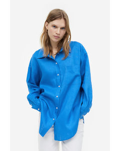 Oversized Linnen Overhemdblouse Blauw