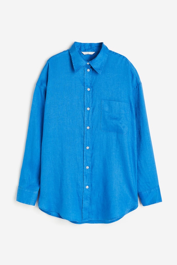 H&M Oversized Linnen Overhemdblouse Blauw