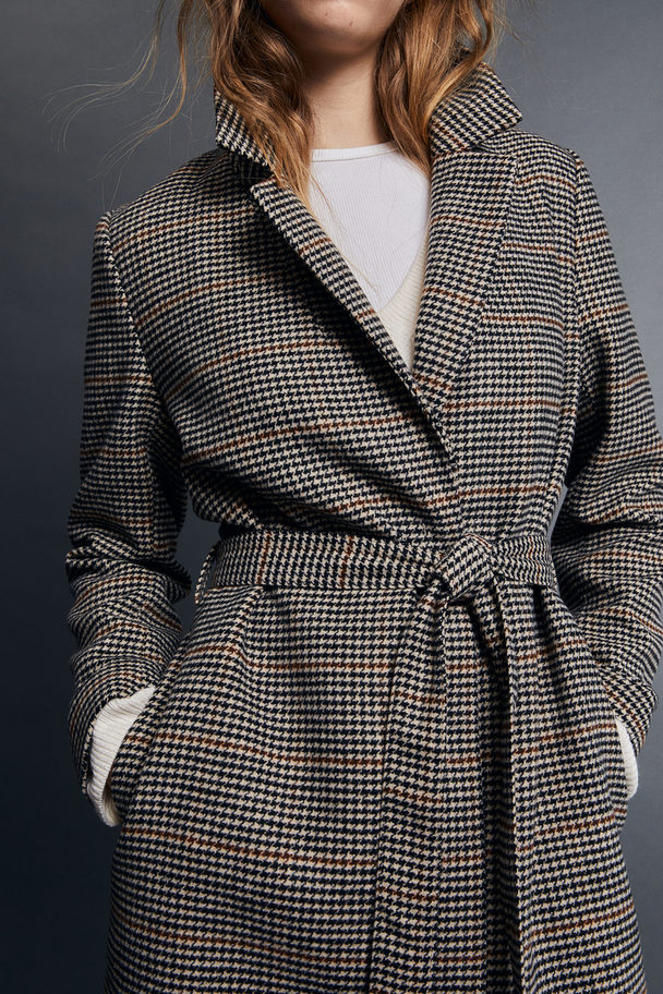 H&M Tie-belt Coat Beige/dogtooth-patterned