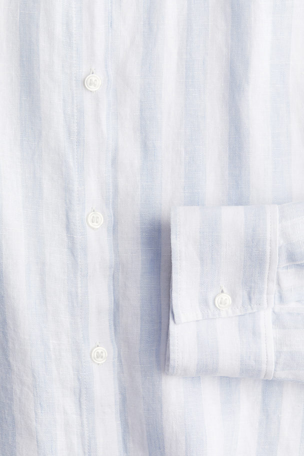 H&M Long Linen Shirt Light Blue/striped