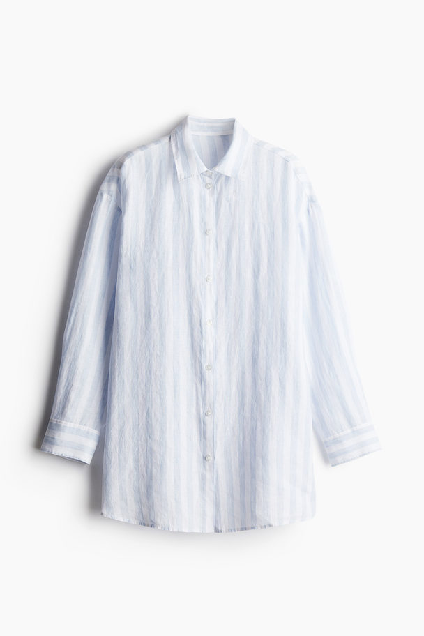 H&M Long Linen Shirt Light Blue/striped