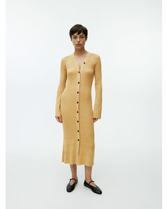 Button-front Ribbed Dress Mustard
