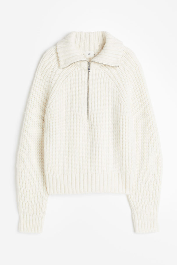 H&M Gerippter Pullover mit Zipper Cremefarben