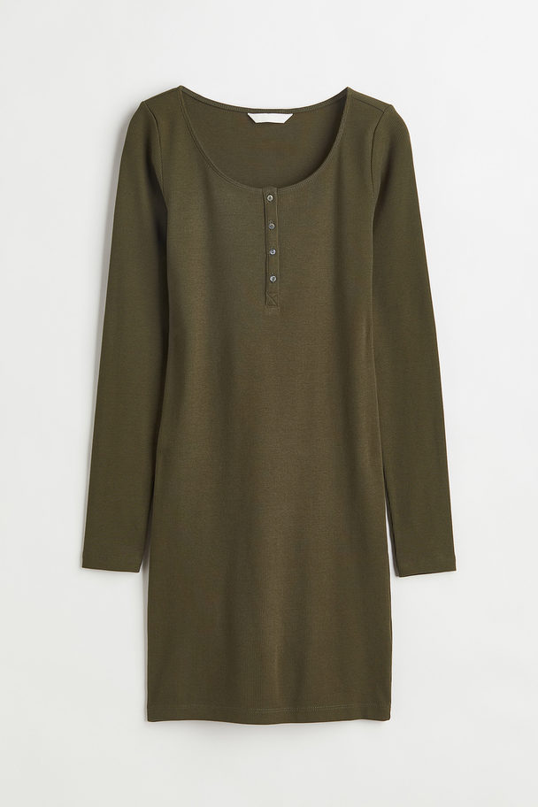 H&M Button-top Jersey Dress Dark Khaki Green