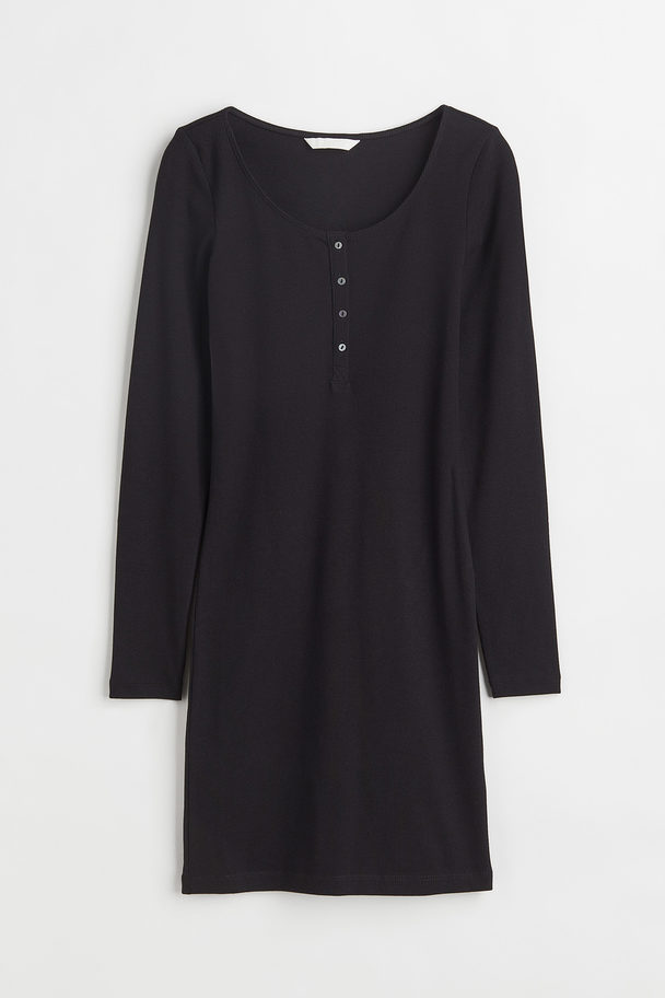 H&M Jerseykleid mit kurzer Knopfleiste Schwarz/Dunkles Khakigrün