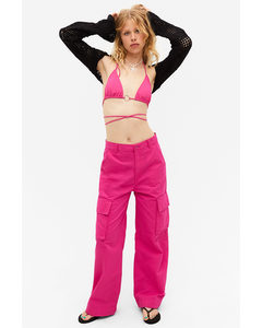 Cargo Trousers Low Waist Loose Fit Cotton Pink Bright Pink