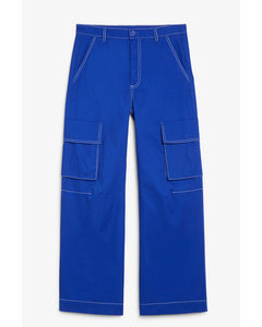 Cargo Trousers Low Waist Loose Fit Cotton Blue Royal Blue