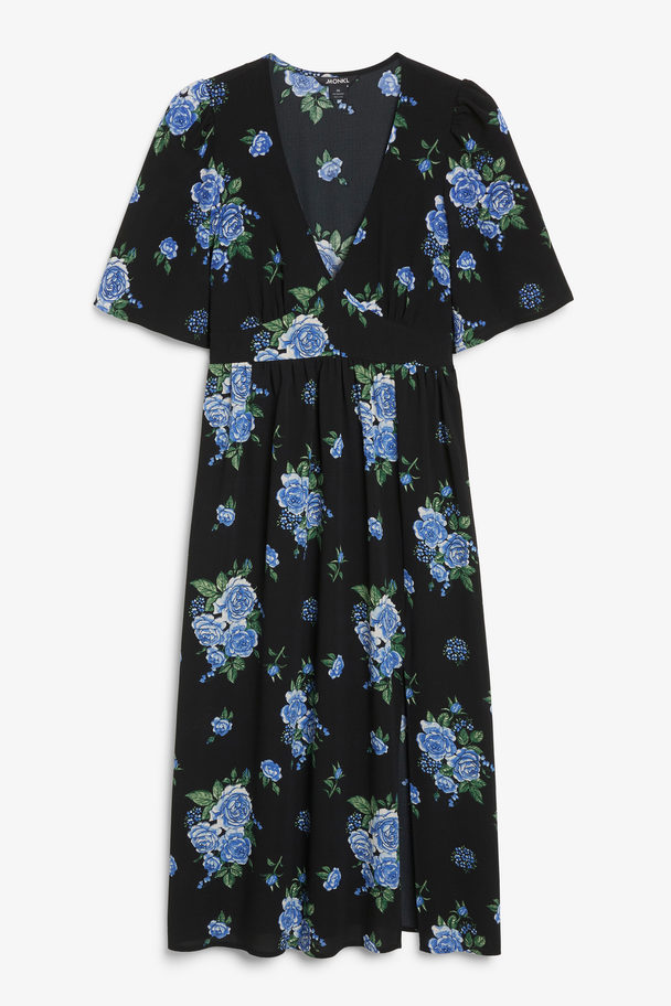 Monki Zwarte Midi-jurk Met Bloemen En V-hals Zwart Met Blauwe Bloemen