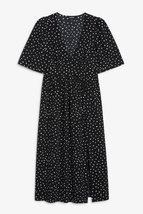 Monki Black & White Dotted V Neck Midi Dress Black With White Dots