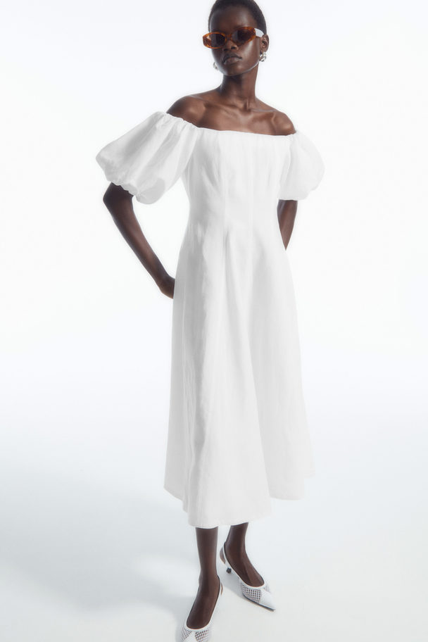 COS Off-the-shoulder Puff-sleeve Midi Dress White