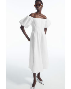 Off-the-shoulder Puff-sleeve Midi Dress White