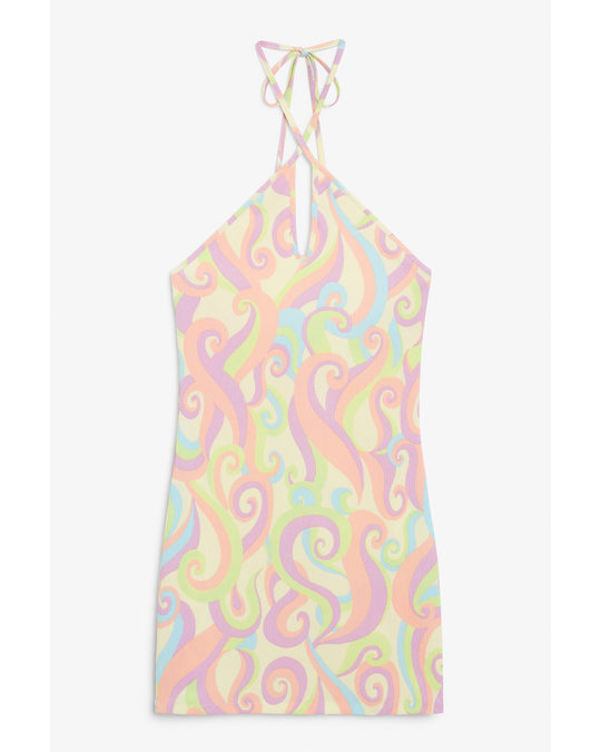 Monki Pastel Crepe Halterneck Mini Dress Pastel Ponytail Print