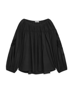 Ruched Broderie Anglaise Blouse Black
