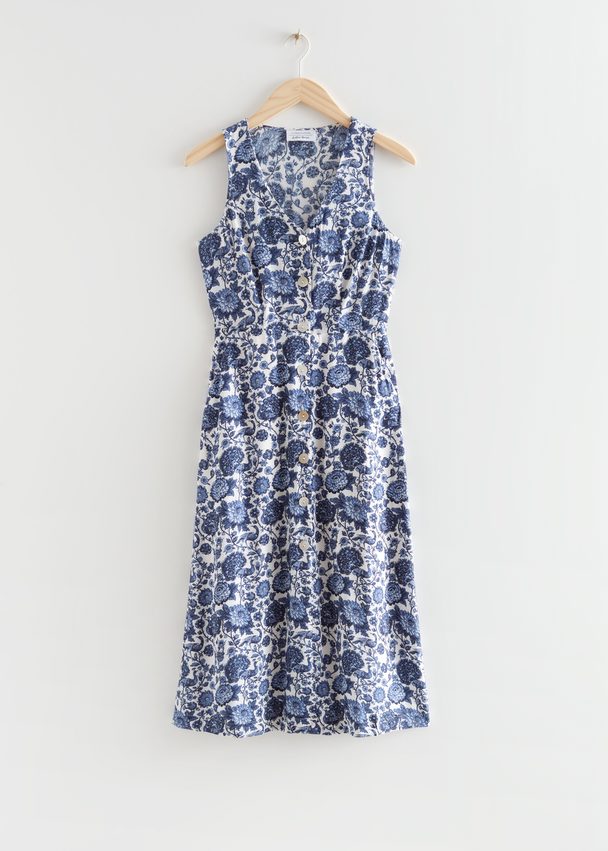 & Other Stories Buttoned Printed Midi Dress Blue Florals