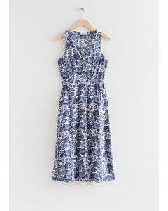 Buttoned Printed Midi Dress Blue Florals