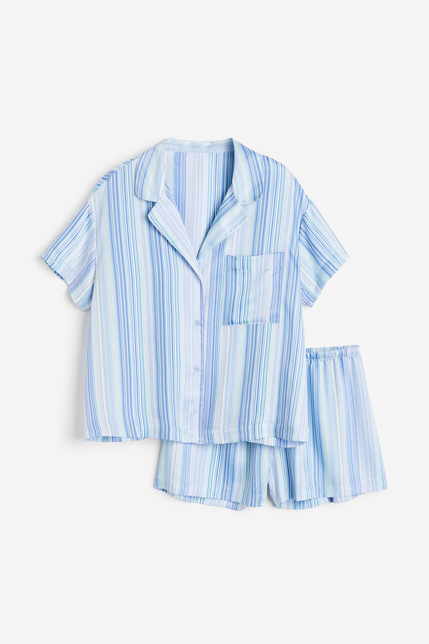 H&M Pyjama mit Oberteil und Shorts Hellblau/Gestreift