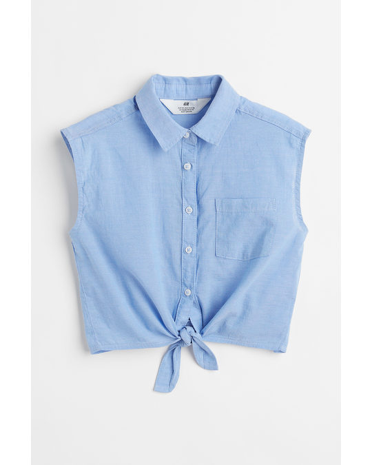 H&M Tie-hem Cotton Blouse Light Blue
