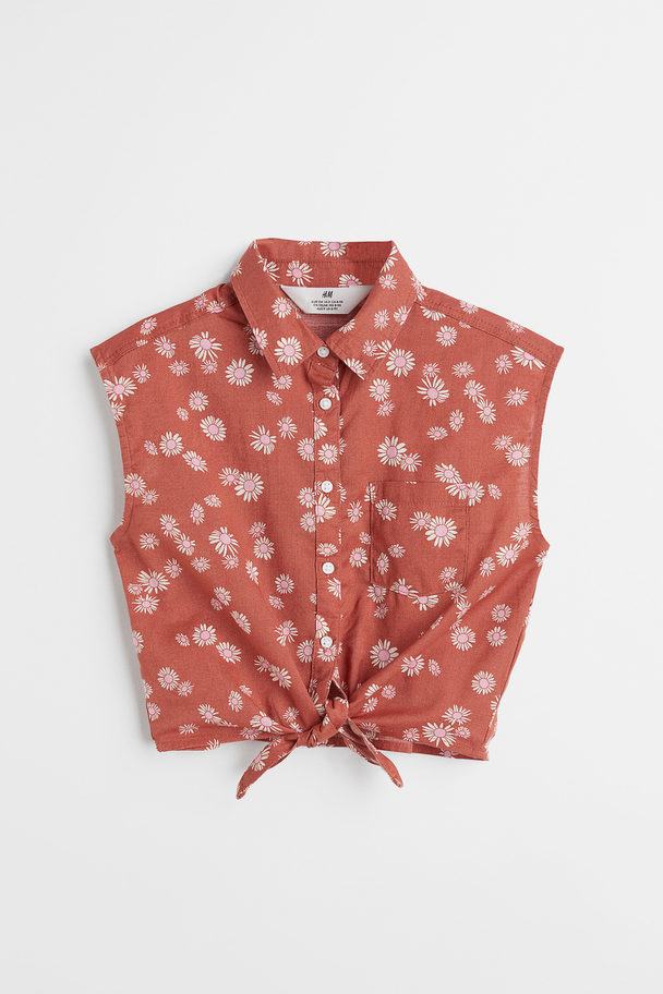 H&M Tie-hem Cotton Blouse Brick Red/floral