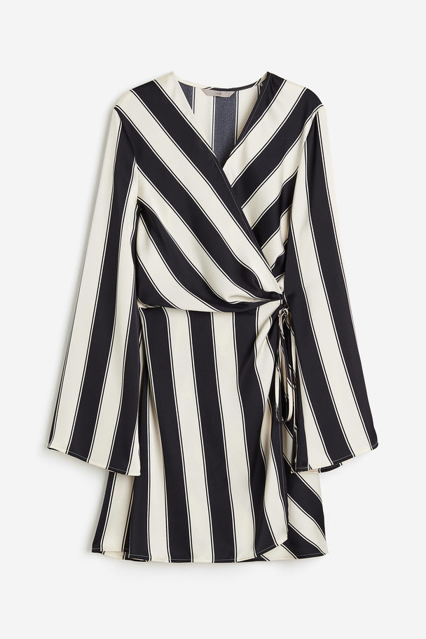 H&M Satin Wrap Dress Cream/black Striped