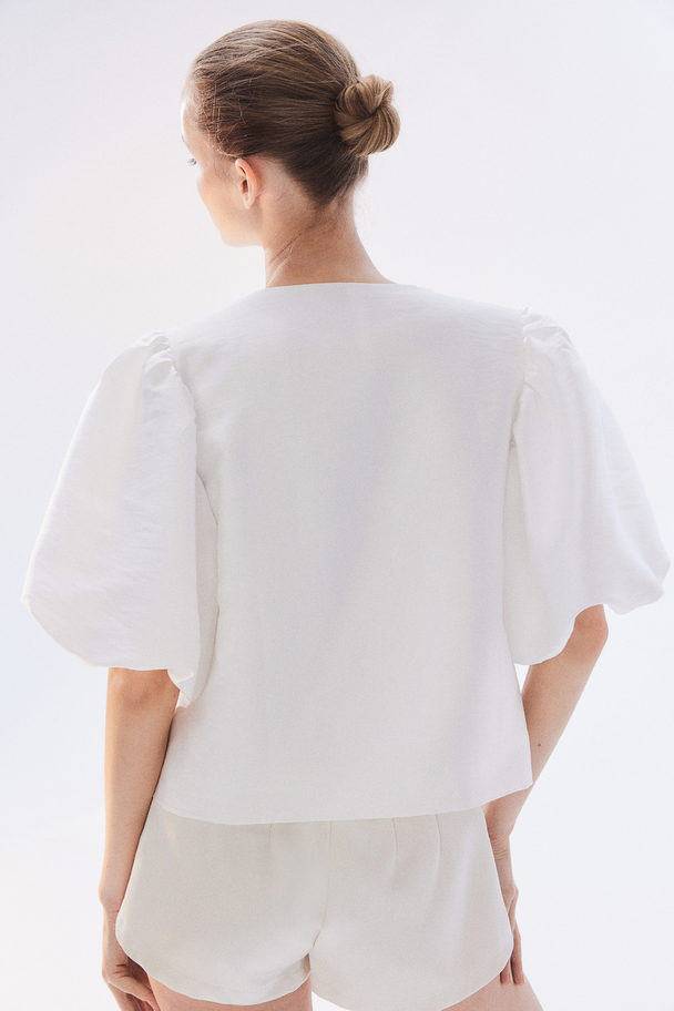 H&M Balloon-sleeved Blouse White