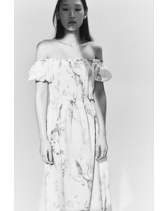 Off-the-shoulder Poplin Dress White/floral