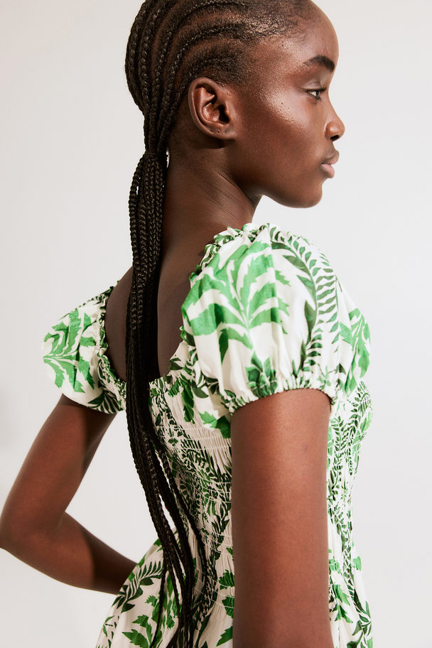 H&M Off-the-shoulder Poplin Dress Green/patterned