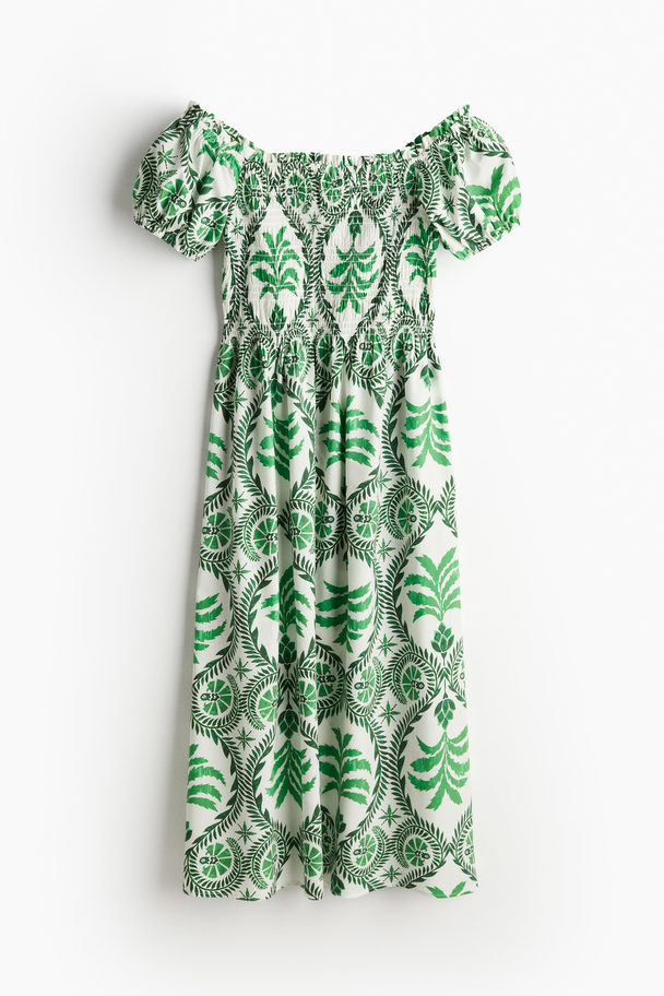 H&M Off-the-shoulder Poplin Dress Green/patterned