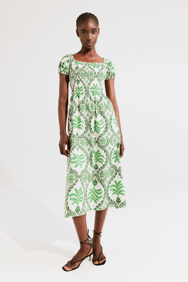 H&M Off Shoulder-klänning I Poplin Grön/mönstrad