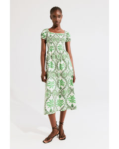 Off-the-shoulder Poplin Dress Green/patterned