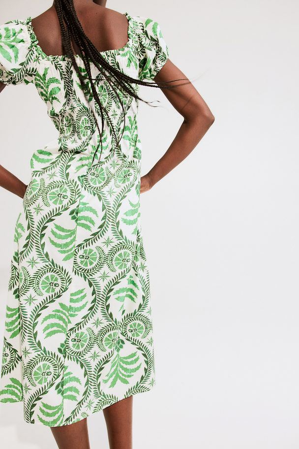 H&M Off Shoulder-kjole I Poplin Grønn/mønstret