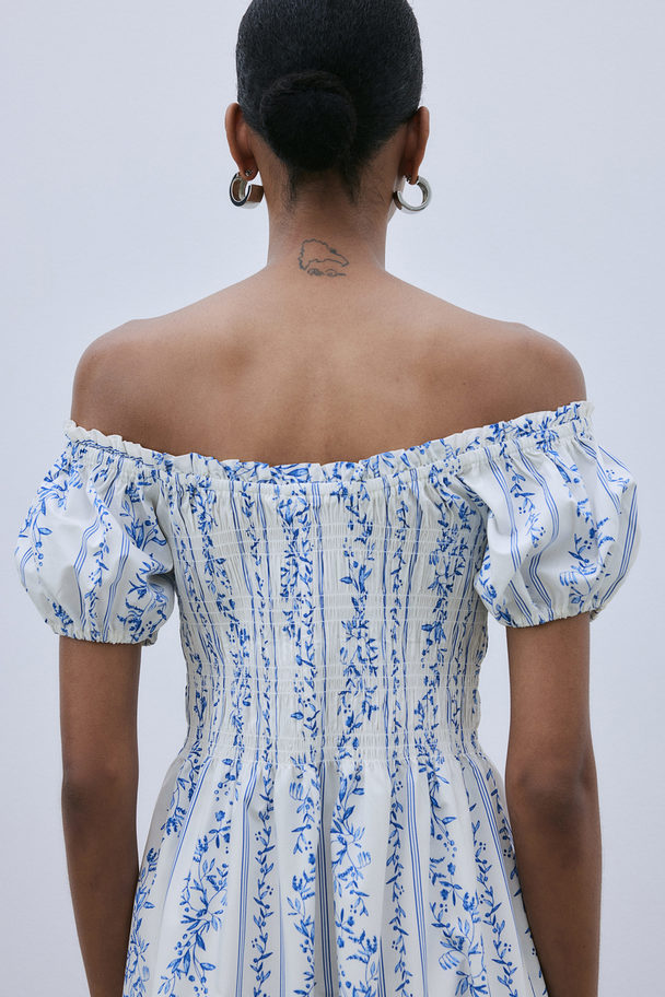 H&M Popeline Off-the-shoulderjurk Wit/blauwe Bloemen