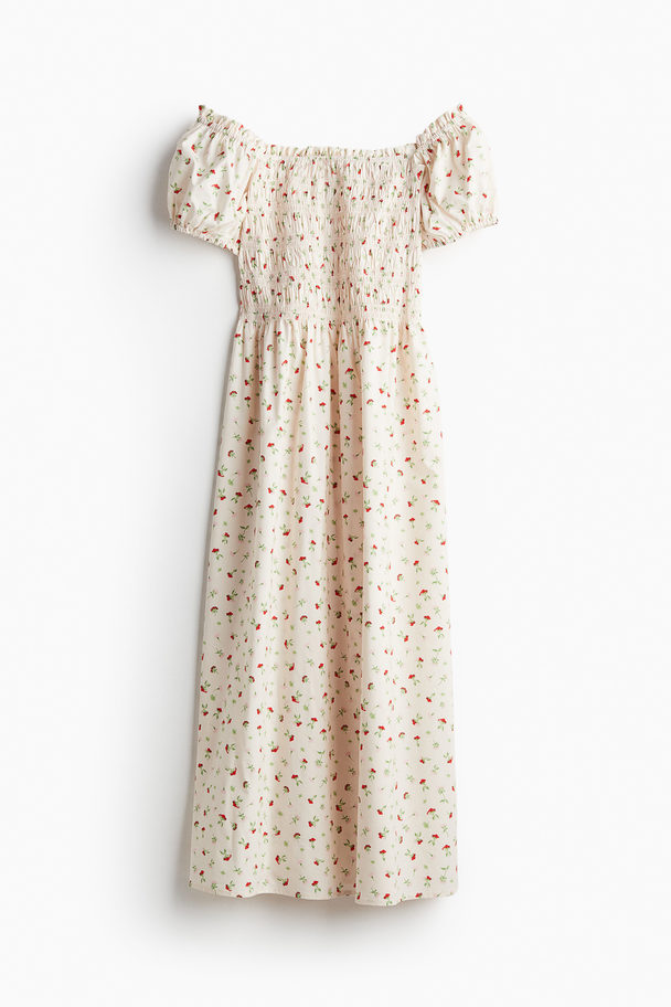 H&M Off-the-shoulder Poplin Dress Cream/small Flowers