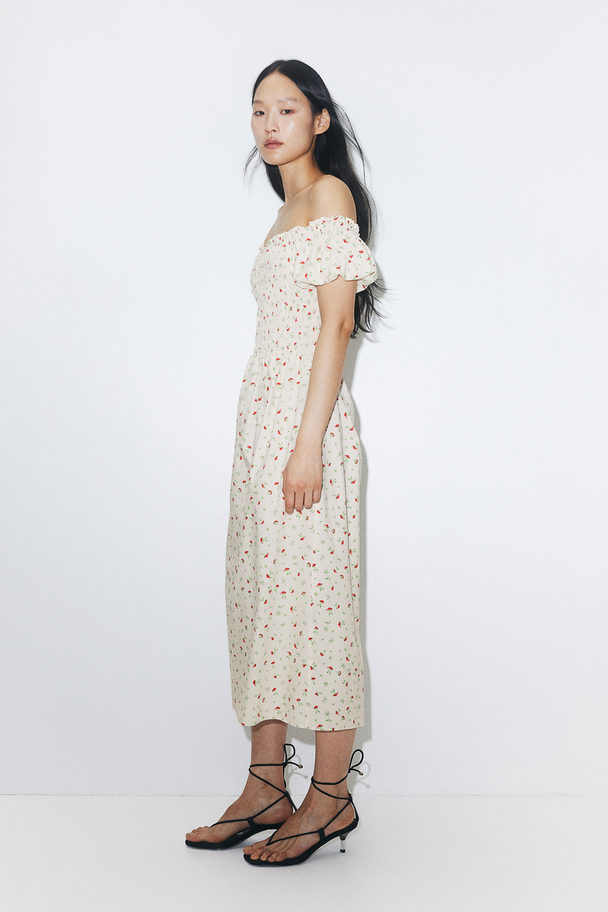 H&M Off-the-shoulder Poplin Dress Cream/small Flowers