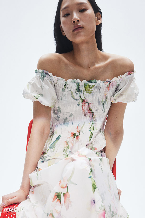 H&M Popeline Off-the-shoulderjurk Wit/bloemen