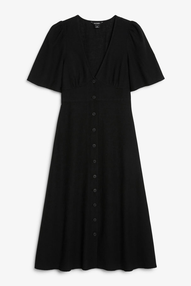 Monki Black Midi Short Sleeve Linen Dress Black