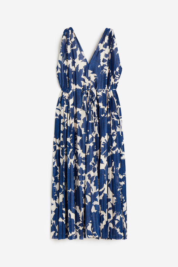 H&M Plissiertes Kleid in A-Linie Cremefarben/Blau geblümt