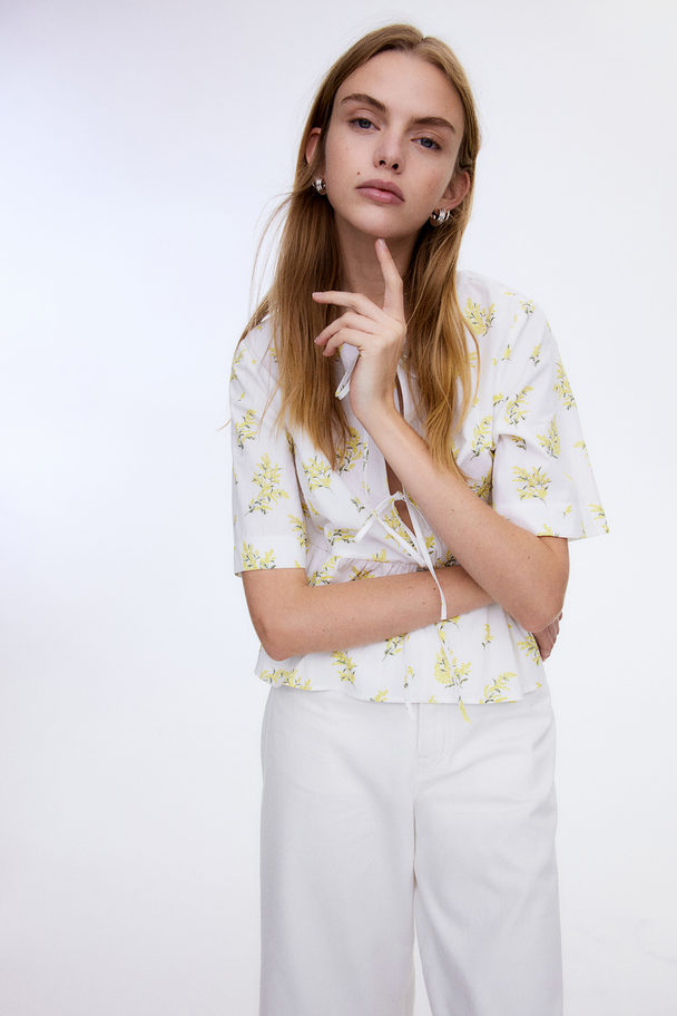 H&M Popeline Blouse Met Strikbandjes Wit/bloemen