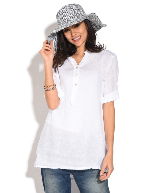 Le Jardin du Lin Buttoned Tunisian Collar Blouse With Long Attachable Sleeves