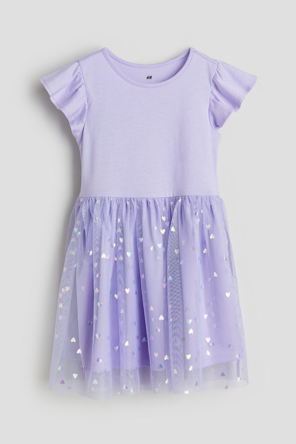 H&M Tulle-skirt Jersey Dress Light Purple/hearts